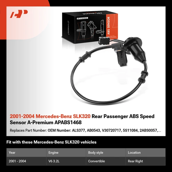 2001-2004 Mercedes-Benz SLK320 Rear Passenger ABS Speed Sensor A-Premium APABS1468