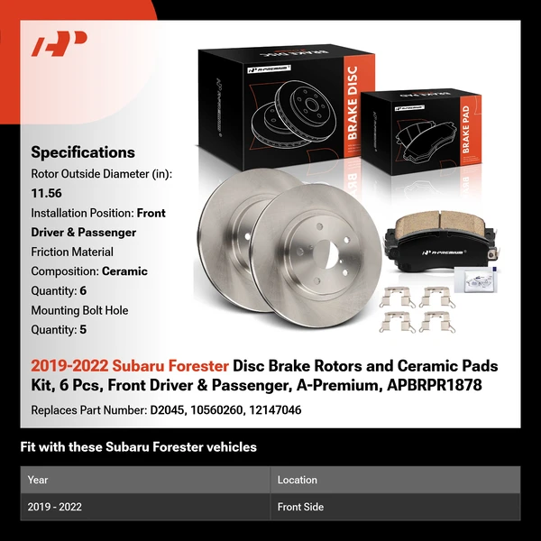 2019-2022 Subaru Forester Disc Brake Rotors and Ceramic Pads Kit, 6 Pcs, Front Driver & Passenger, A-Premium, APBRPR1878