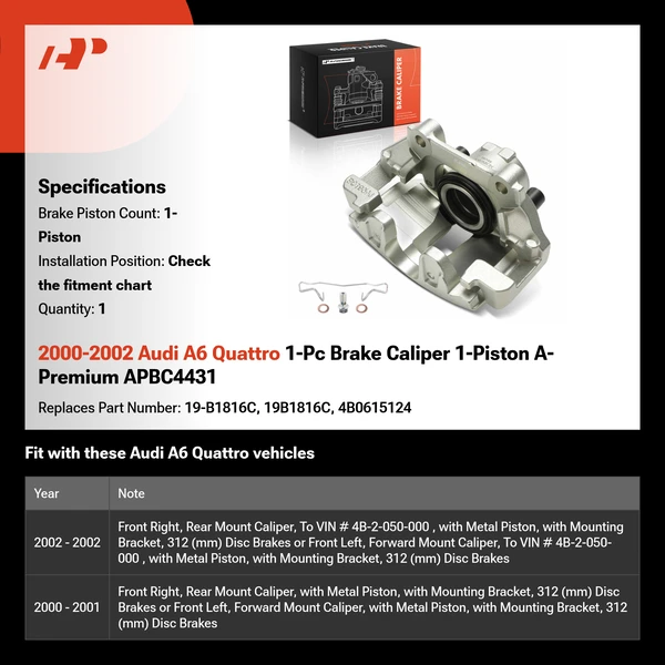 2000-2002 Audi A6 Quattro 1-Pc Brake Caliper 1-Piston A-Premium APBC4431