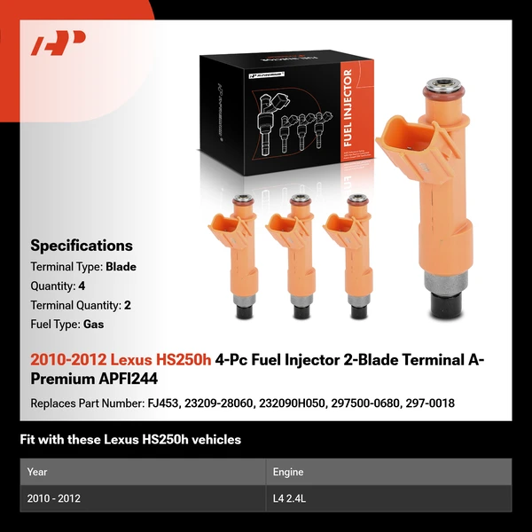 2010-2012 Lexus HS250h 4-Pc Fuel Injector 2-Blade Terminal A-Premium APFI244