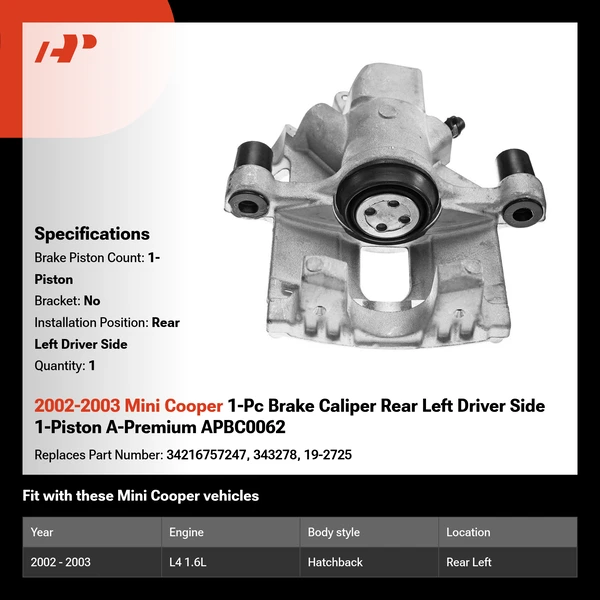 2002-2003 Mini Cooper 1-Pc Brake Caliper Rear Left Driver Side 1-Piston A-Premium APBC0062