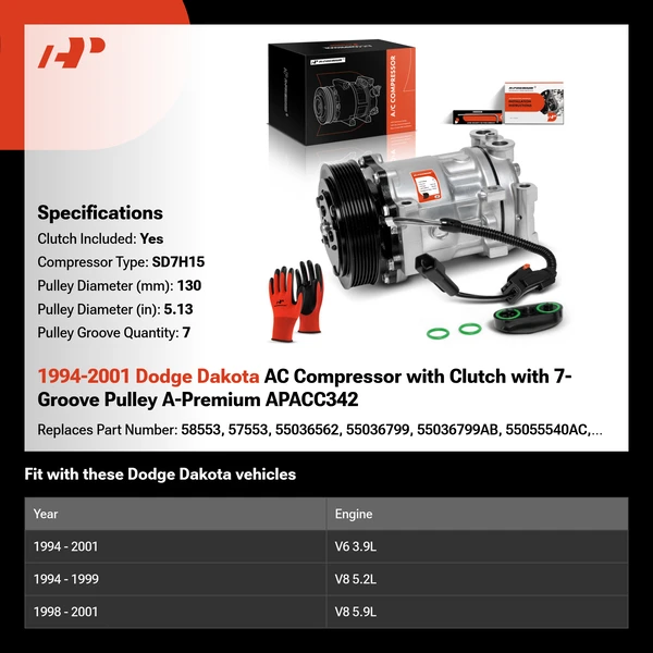 1994-2001 Dodge Dakota AC Compressor with Clutch with 7-Groove Pulley A-Premium APACC342