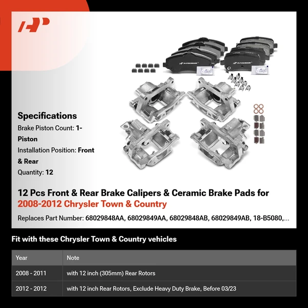 12 Pcs Front & Rear Brake Calipers & Ceramic Brake Pads for 2008-2012 Chrysler Town & Country