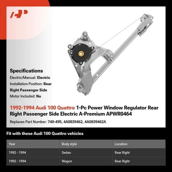 1992-1994 Audi 100 Quattro 1-Pc Power Window Regulator Rear Right Passenger Side Electric A-Premium APWR0464