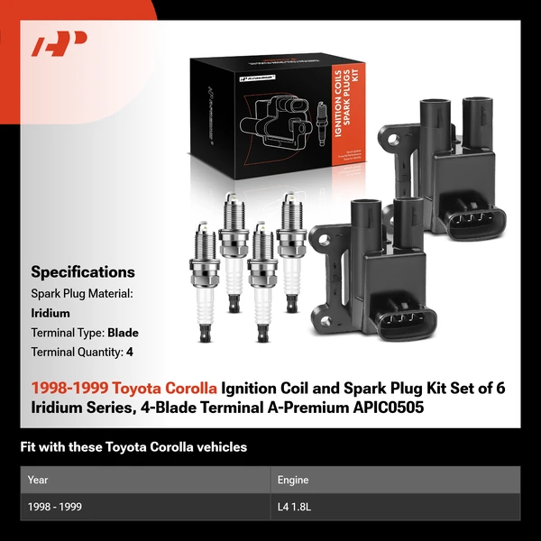 1998-1999 Toyota Corolla Ignition Coil and Spark Plug Kit Set of 6 Iridium Series, 4-Blade Terminal A-Premium APIC0505
