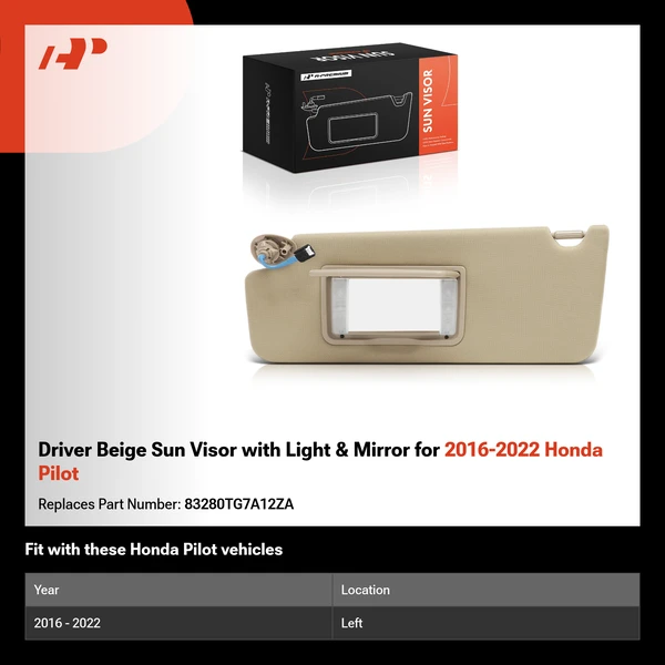 Driver Beige Sun Visor with Light & Mirror for 2016-2022 Honda Pilot