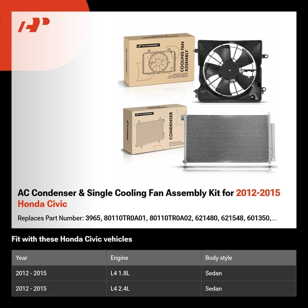 AC Condenser & Single Cooling Fan Assembly Kit for 2012-2015 Honda Civic