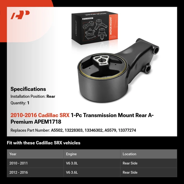 2010-2016 Cadillac SRX 1-Pc Transmission Mount Rear A-Premium APEM1718
