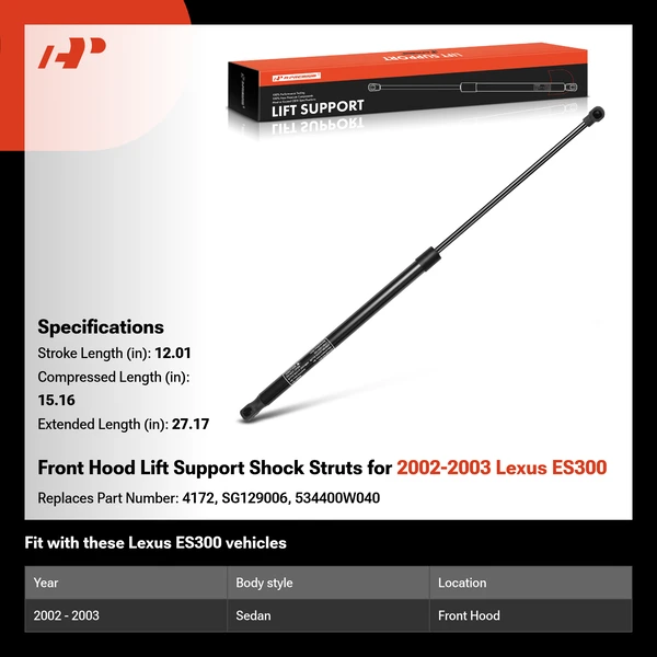 Front Hood Lift Support Shock Struts for 2002-2003 Lexus ES300