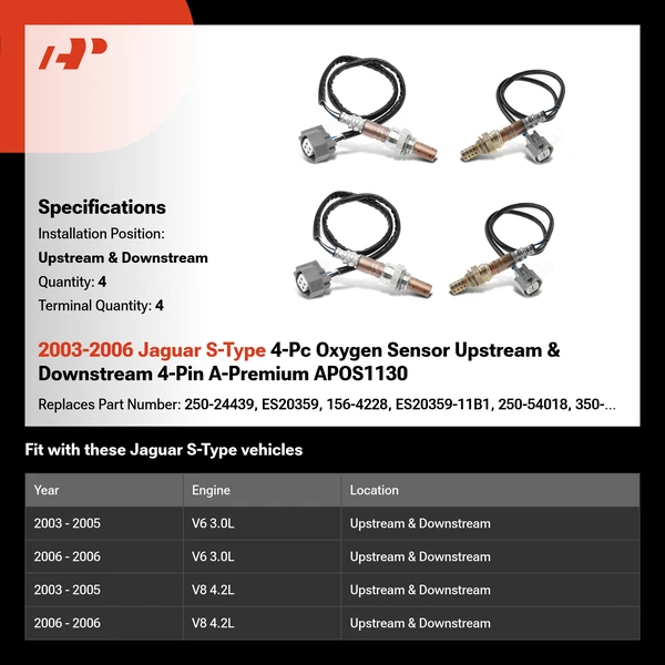 2003-2006 Jaguar S-Type 4-Pc Oxygen Sensor Upstream & Downstream 4-Pin A-Premium APOS1130