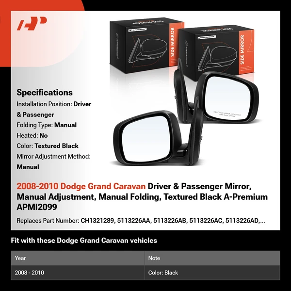 2008-2010 Dodge Grand Caravan Driver & Passenger Mirror, Manual Adjustment, Manual Folding, Textured Black A-Premium APMI2099