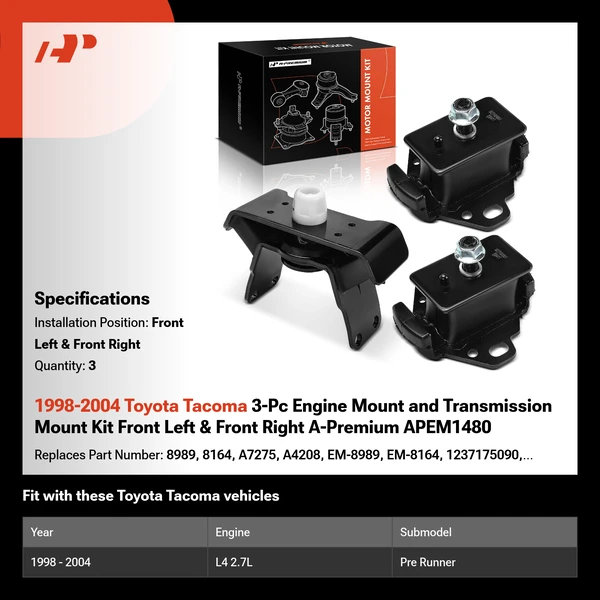 1998-2004 Toyota Tacoma 3-Pc Engine Mount and Transmission Mount Kit Front Left & Front Right A-Premium APEM1480