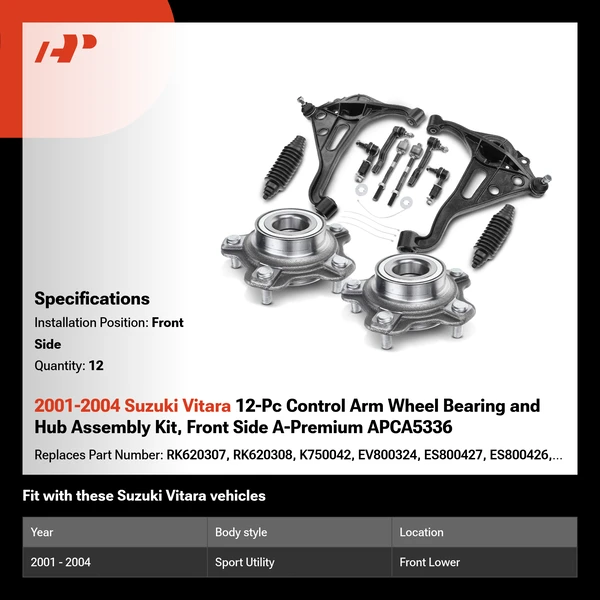 2001-2004 Suzuki Vitara 12-Pc Control Arm Wheel Bearing and Hub Assembly Kit, Front Side A-Premium APCA5336