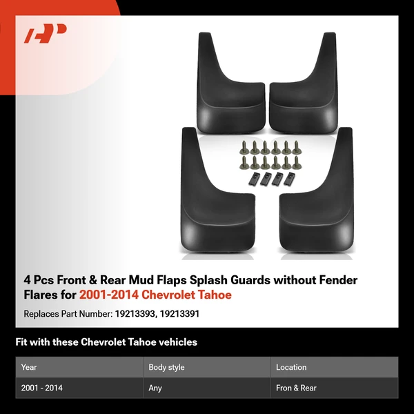 4 Pcs Front & Rear Mud Flaps Splash Guards without Fender Flares for 2001-2014 Chevrolet Tahoe