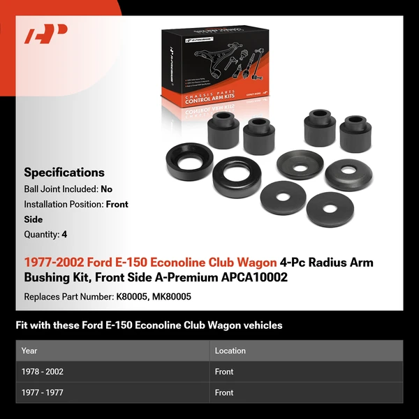 1977-2002 Ford E-150 Econoline Club Wagon 4-Pc Radius Arm Bushing Kit, Front Side A-Premium APCA10002