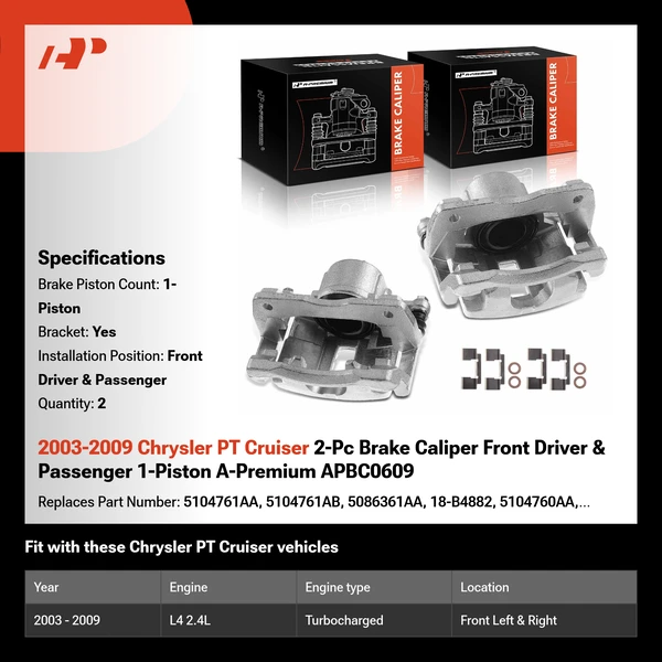 2003-2009 Chrysler PT Cruiser 2-Pc Brake Caliper Front Driver & Passenger 1-Piston A-Premium APBC0609