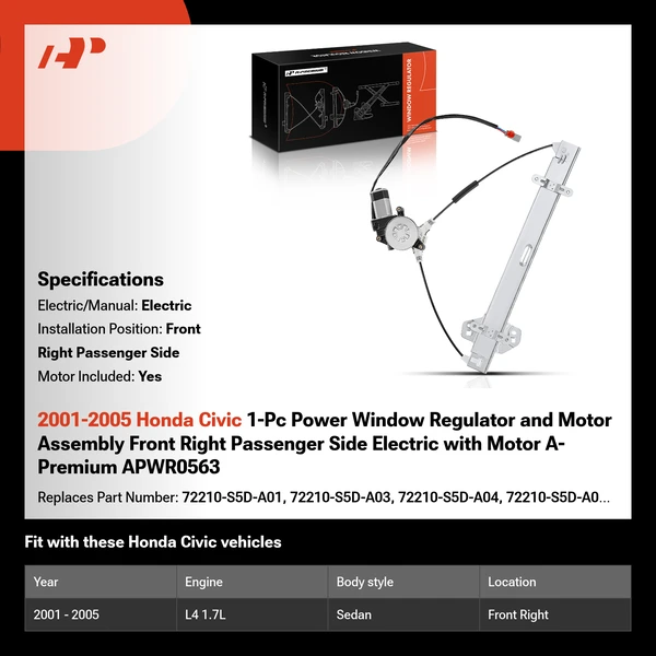 2001-2005 Honda Civic 1-Pc Power Window Regulator and Motor Assembly Front Right Passenger Side Electric with Motor A-Premium APWR0563