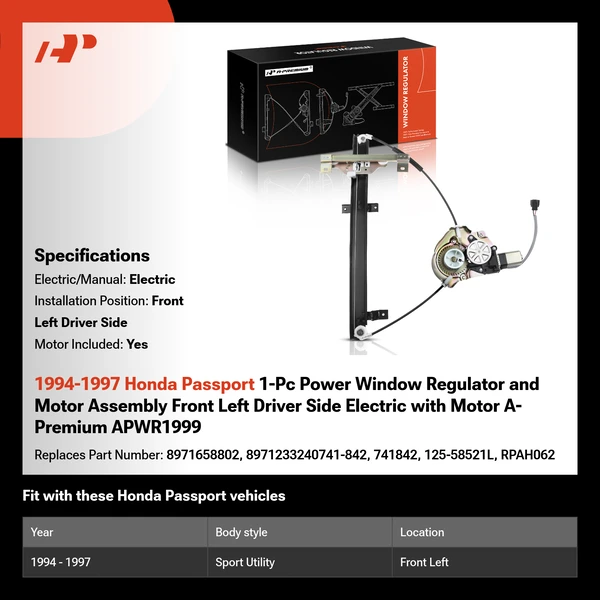 1994-1997 Honda Passport 1-Pc Power Window Regulator and Motor Assembly Front Left Driver Side Electric with Motor A-Premium APWR1999