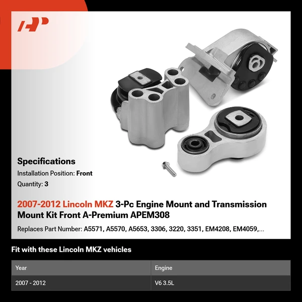 2007-2012 Lincoln MKZ 3-Pc Engine Mount and Transmission Mount Kit Front A-Premium APEM308