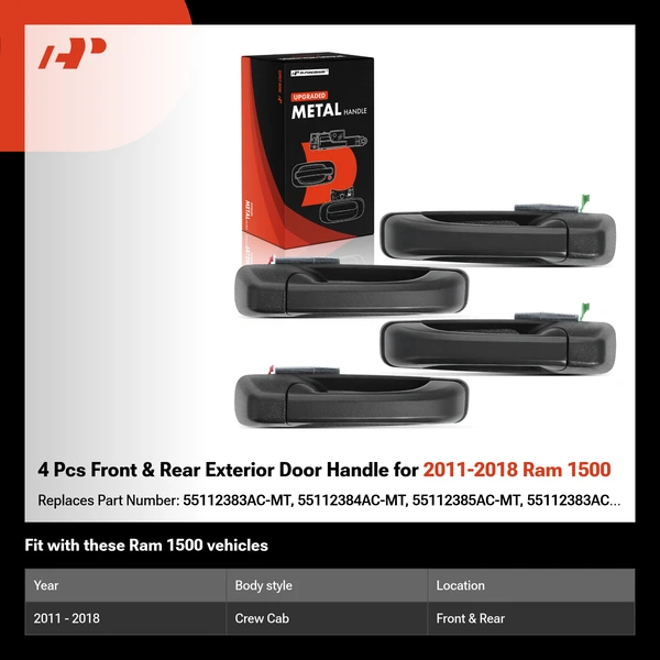 4 Pcs Front & Rear Exterior Door Handle for 2011-2018 Ram 1500