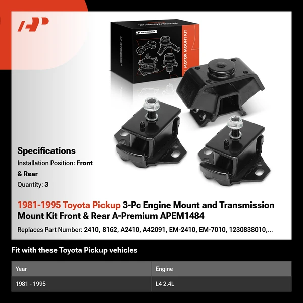 1981-1995 Toyota Pickup 3-Pc Engine Mount and Transmission Mount Kit Front & Rear A-Premium APEM1484