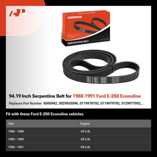 94.19 Inch Serpentine Belt for 1988-1991 Ford E-250 Econoline