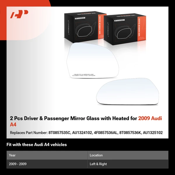 2 Pcs Driver & Passenger Mirror Glass with Heated for 2009 Audi A4