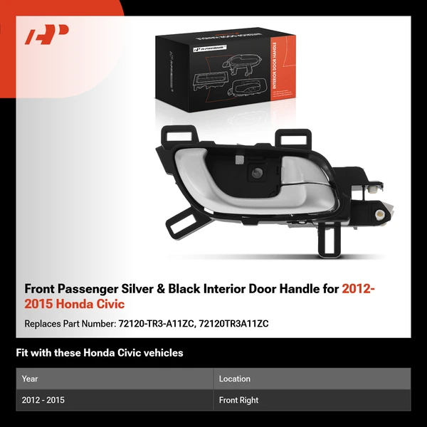 Front Passenger Silver & Black Interior Door Handle for 2012-2015 Honda Civic