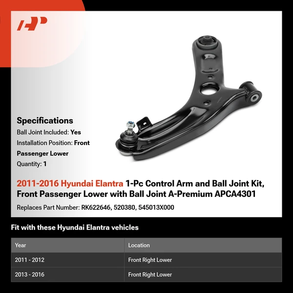 2011-2016 Hyundai Elantra 1-Pc Control Arm and Ball Joint Kit, Front Passenger Lower with Ball Joint A-Premium APCA4301