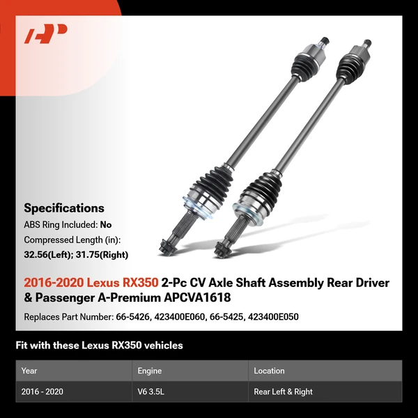 2016-2020 Lexus RX350 2-Pc CV Axle Shaft Assembly Rear Driver & Passenger A-Premium APCVA1618