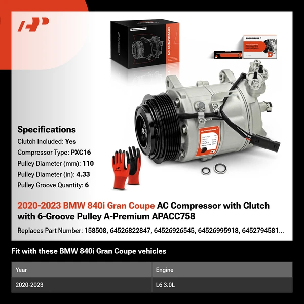 2020-2023 BMW 840i Gran Coupe AC Compressor with Clutch with 6-Groove Pulley A-Premium APACC758