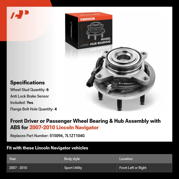 Front Driver or Passenger Wheel Bearing & Hub Assembly with ABS for 2007-2010 Lincoln Navigator