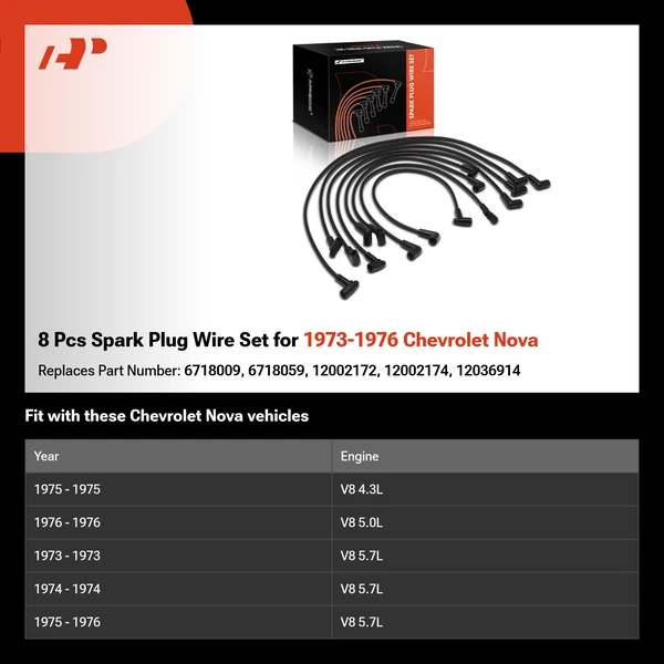 8 Pcs Spark Plug Wire Set for 1973-1976 Chevrolet Nova