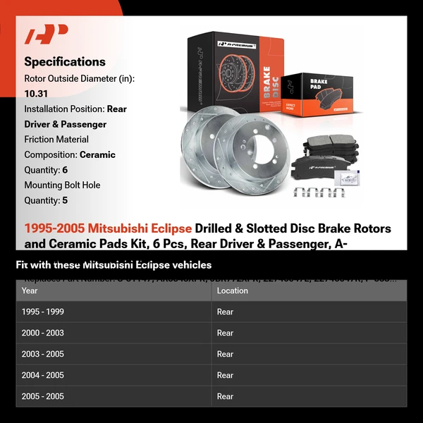 1995-2005 Mitsubishi Eclipse Drilled & Slotted Disc Brake Rotors and Ceramic Pads Kit, 6 Pcs, Rear Driver & Passenger, A-Premium, APBRPS616