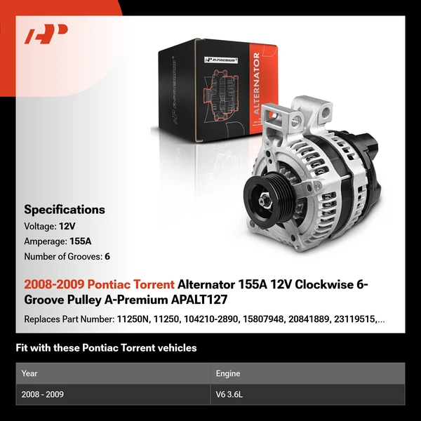 2008-2009 Pontiac Torrent Alternator 155A 12V Clockwise 6-Groove Pulley A-Premium APALT127