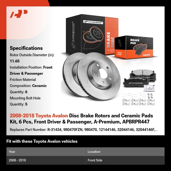 2008-2018 Toyota Avalon Disc Brake Rotors and Ceramic Pads Kit, 6 Pcs, Front Driver & Passenger, A-Premium, APBRPR447