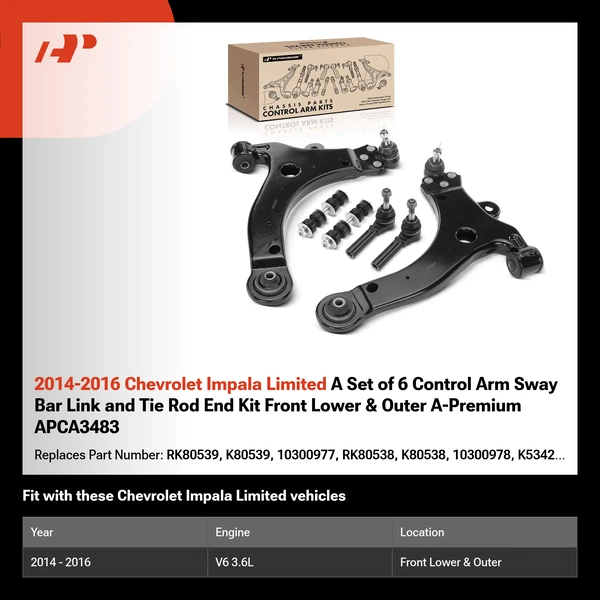 2014-2016 Chevrolet Impala Limited A Set of 6 Control Arm Sway Bar Link and Tie Rod End Kit Front Lower & Outer A-Premium APCA3483
