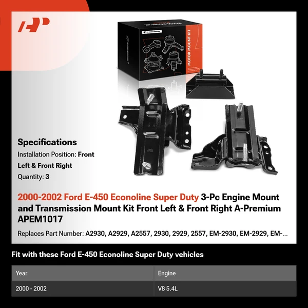 2000-2002 Ford E-450 Econoline Super Duty 3-Pc Engine Mount and Transmission Mount Kit Front Left & Front Right A-Premium APEM1017