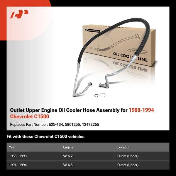 Outlet Upper Engine Oil Cooler Hose Assembly for 1988-1994 Chevrolet C1500