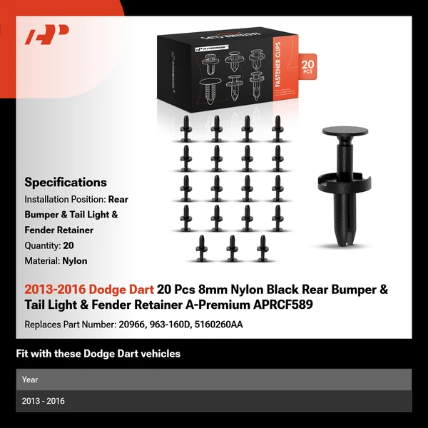 2013-2016 Dodge Dart 20 Pcs 8mm Nylon Black Rear Bumper & Tail Light & Fender Retainer A-Premium APRCF589