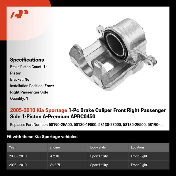 2005-2010 Kia Sportage 1-Pc Brake Caliper Front Right Passenger Side 1-Piston A-Premium APBC0450