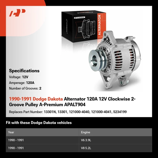 1990-1991 Dodge Dakota Alternator 120A 12V Clockwise 2-Groove Pulley A-Premium APALT904
