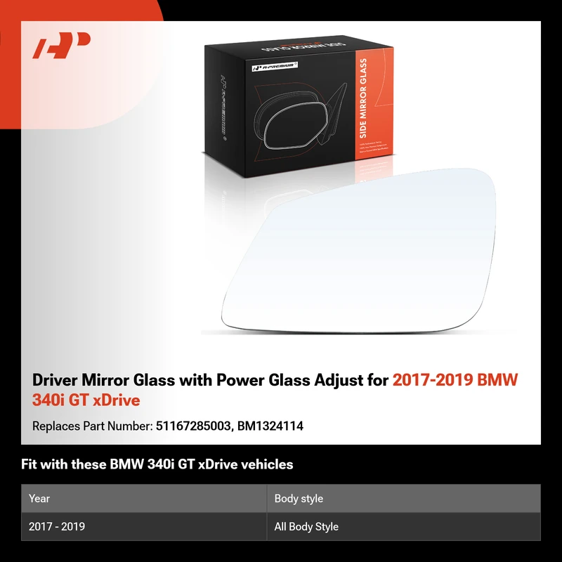 Driver Mirror Glass with Power Glass Adjust for 2017-2019 BMW 340i GT xDrive