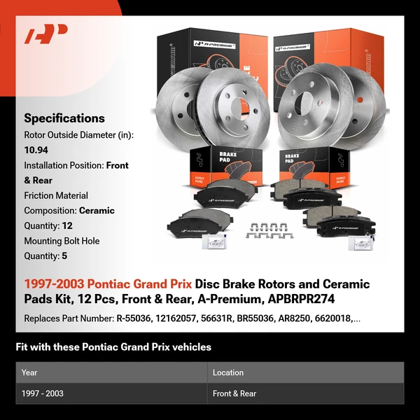 1997-2003 Pontiac Grand Prix Disc Brake Rotors and Ceramic Pads Kit, 12 Pcs, Front & Rear, A-Premium, APBRPR274