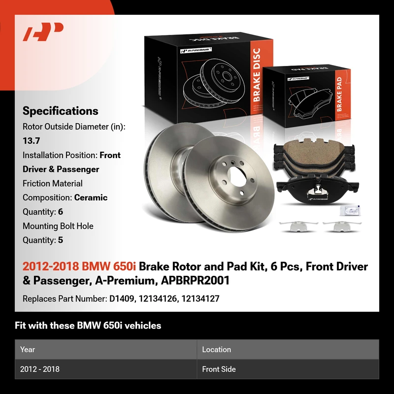 2012-2018 BMW 650i Brake Rotor and Pad Kit, 6 Pcs, Front Driver & Passenger, A-Premium, APBRPR2001