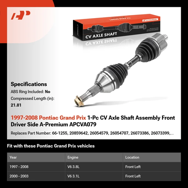 1997-2008 Pontiac Grand Prix 1-Pc CV Axle Shaft Assembly Front Driver Side A-Premium APCVA079