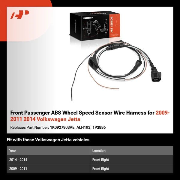 Front Passenger ABS Wheel Speed Sensor Wire Harness for 2009-2011 2014 Volkswagen Jetta