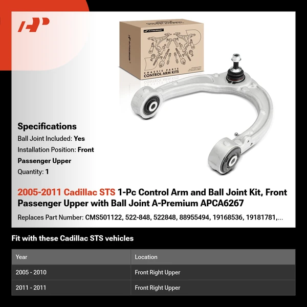 2005-2011 Cadillac STS 1-Pc Control Arm and Ball Joint Kit, Front Passenger Upper with Ball Joint A-Premium APCA6267