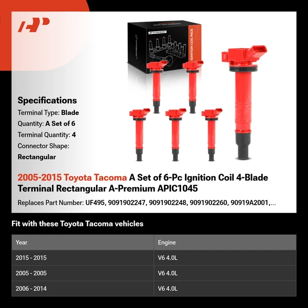 2005-2015 Toyota Tacoma A Set of 6-Pc Ignition Coil 4-Blade Terminal Rectangular A-Premium APIC1045