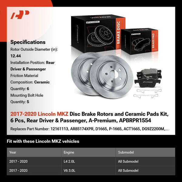 2017-2020 Lincoln MKZ Disc Brake Rotors and Ceramic Pads Kit, 6 Pcs, Rear Driver & Passenger, A-Premium, APBRPR1554